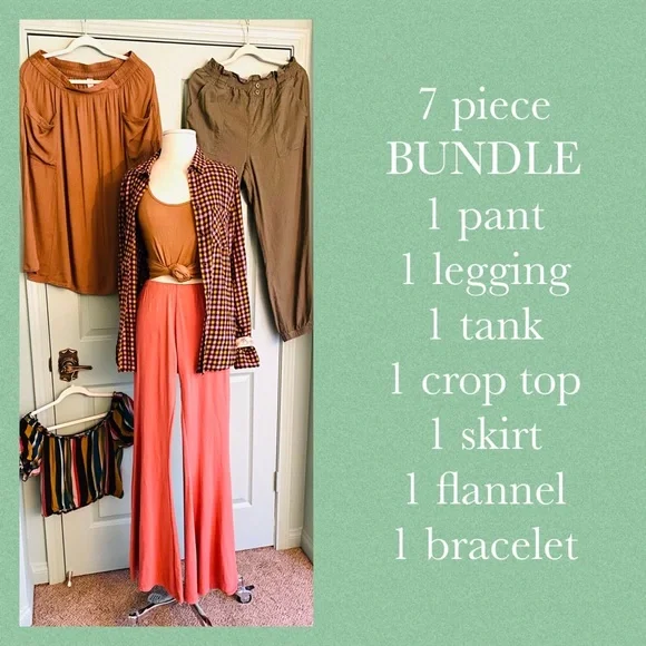 7 piece BUNDLE 1 pant 1 legging 1 tank 1 crop top 1 skirt 1 flannel 1 bracelet - Picture 1 of 11